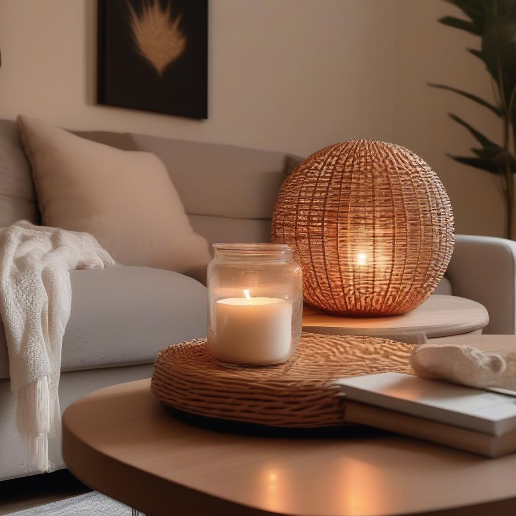 Wicker sphere candle holder in a cozy living room setting