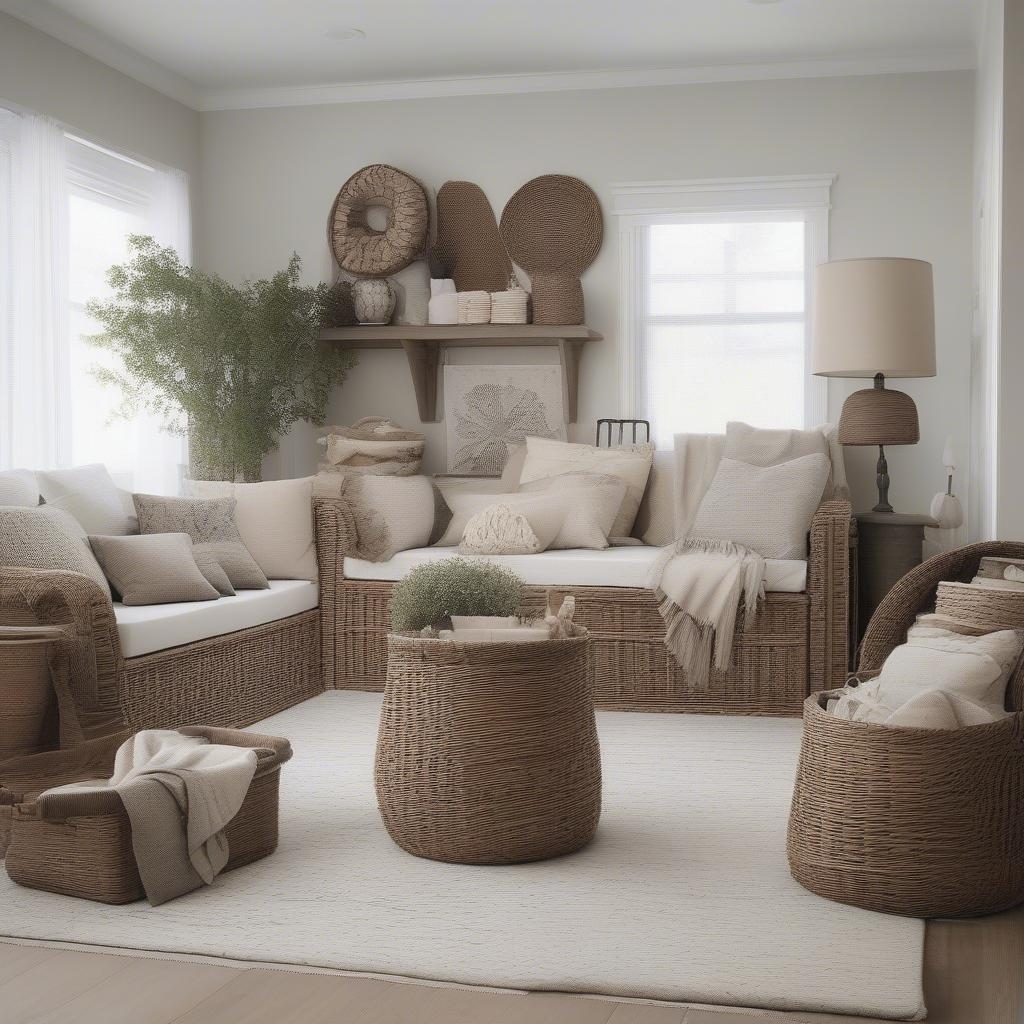 Wicker storage baskets used as functional and stylish decor in a shared living space for couples.