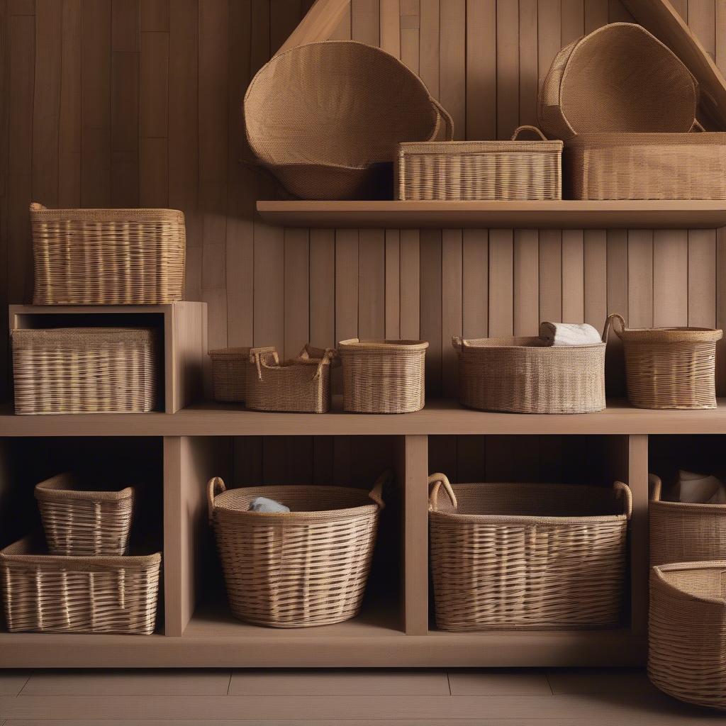 Wicker Storage Baskets in a Wooden Cabin