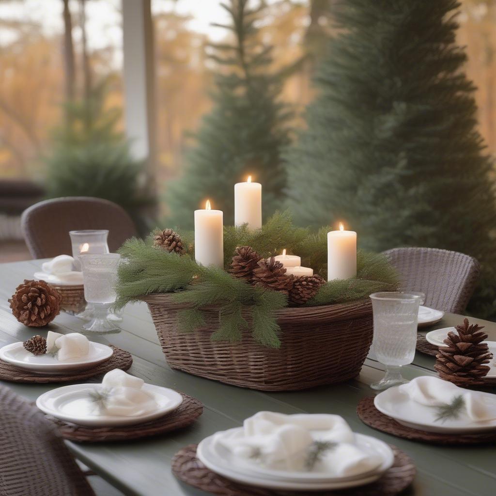 Wicker table with evergreen centerpiece