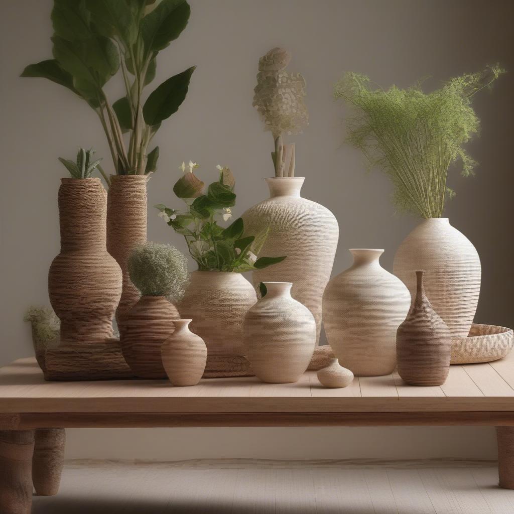 Wicker table top riser displaying a collection of ceramic vases and plants