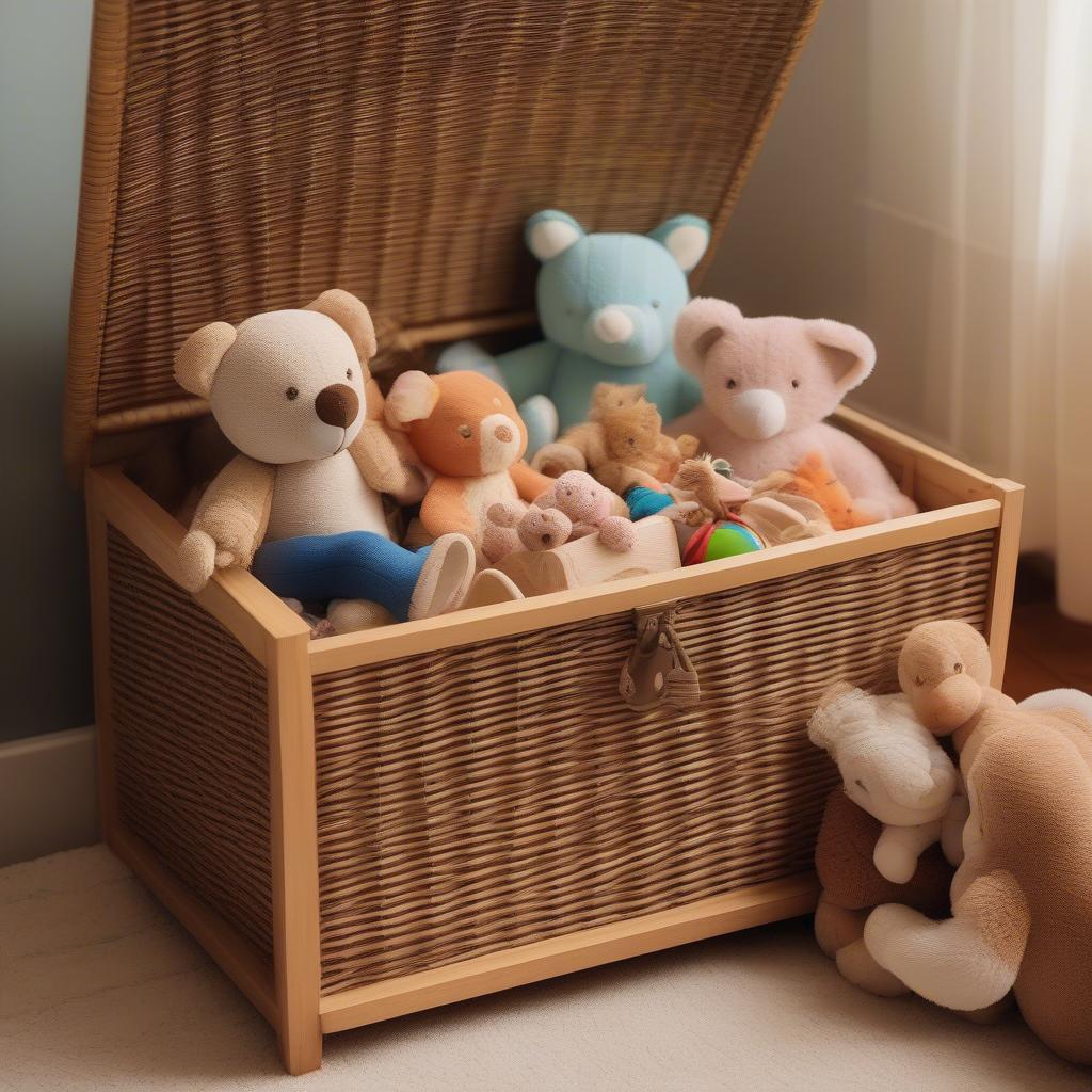 Wicker toy chest overflowing with colorful toys