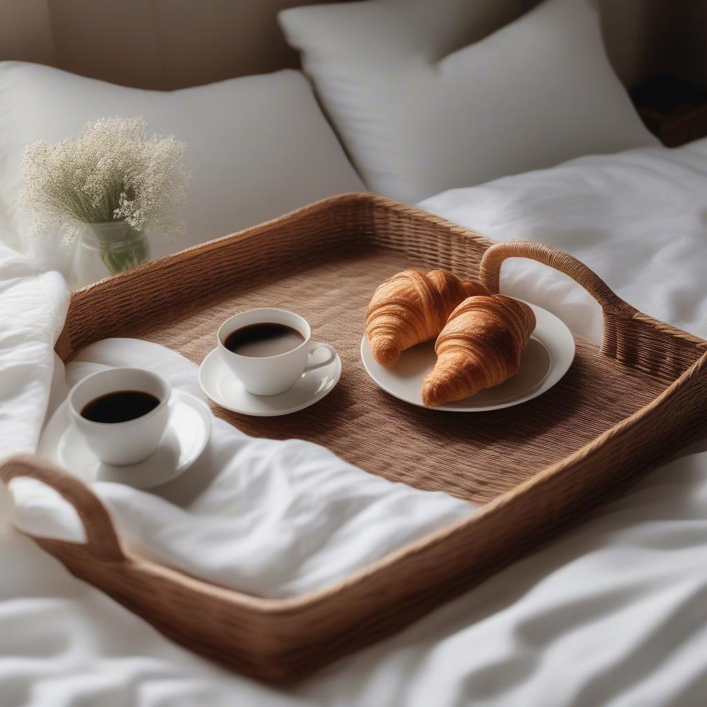 Wicker tray with handle serving breakfast in bed