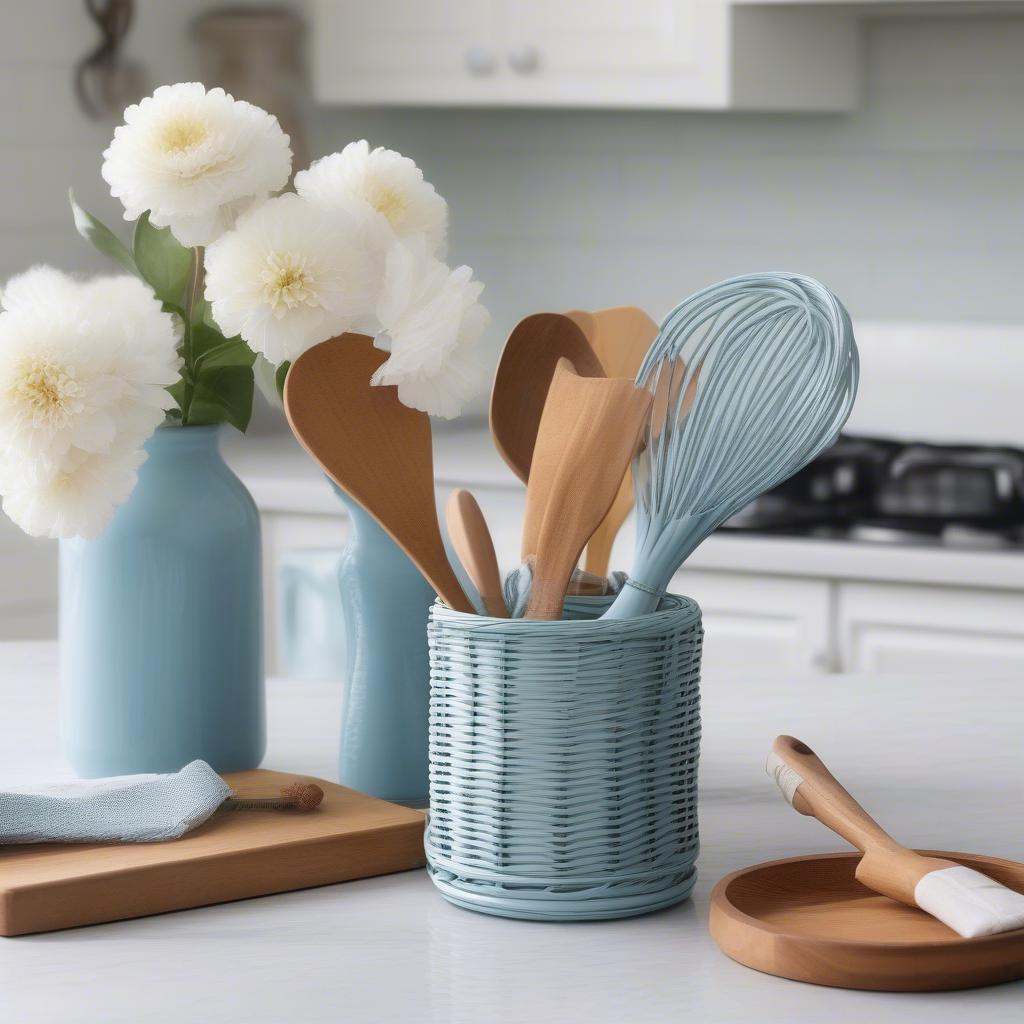 A light blue wicker utensil holder with flowers next to it.