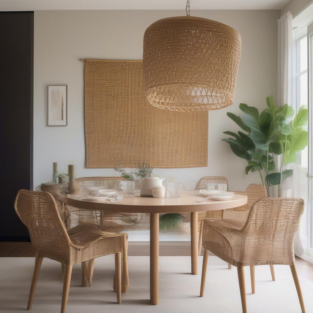 Wicker wall art in a bright, modern dining room