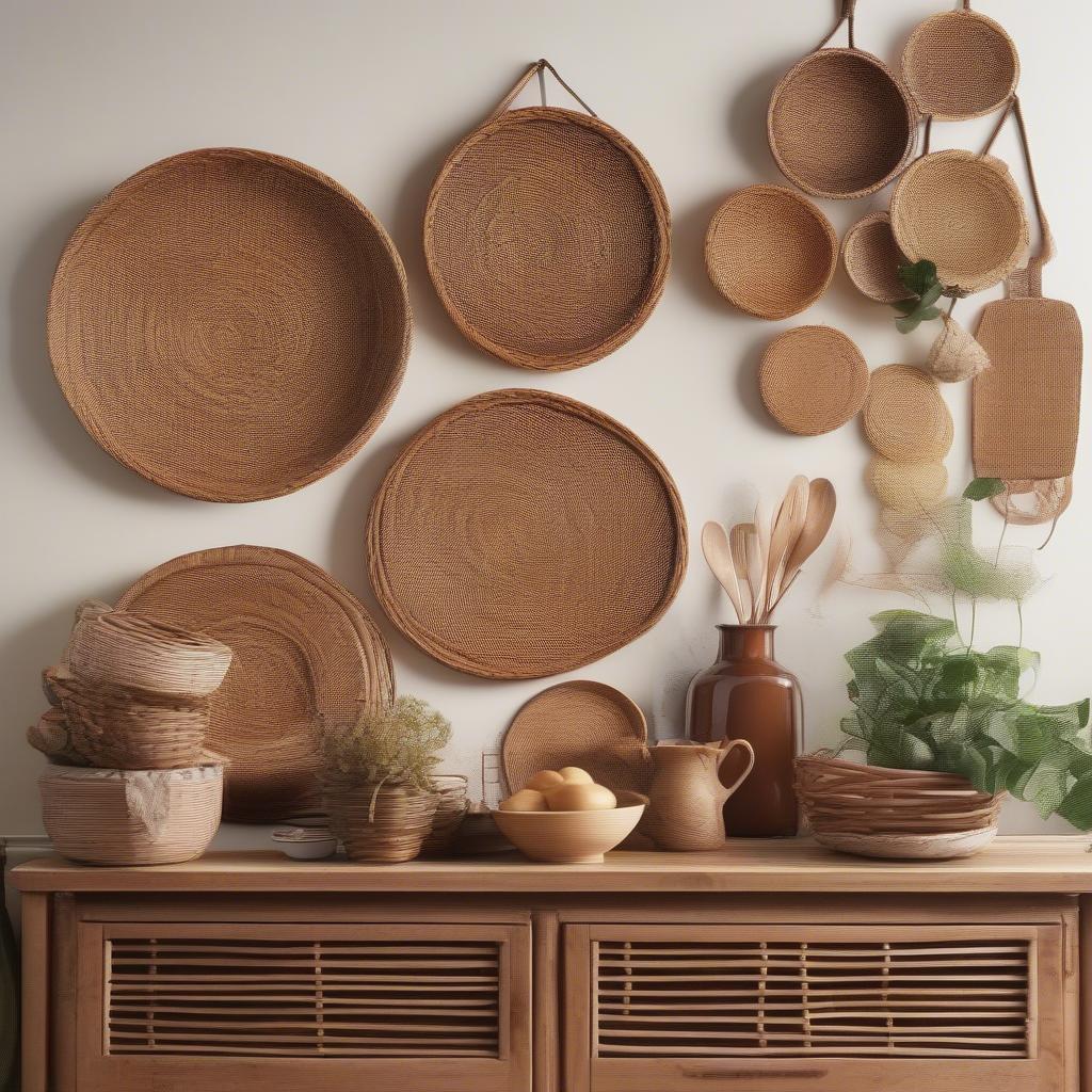 Wicker wall art adds a touch of natural texture to a kitchen and dining space