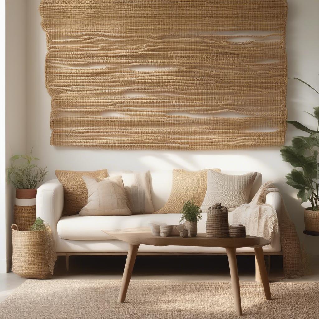 Wicker wall art in a large living room