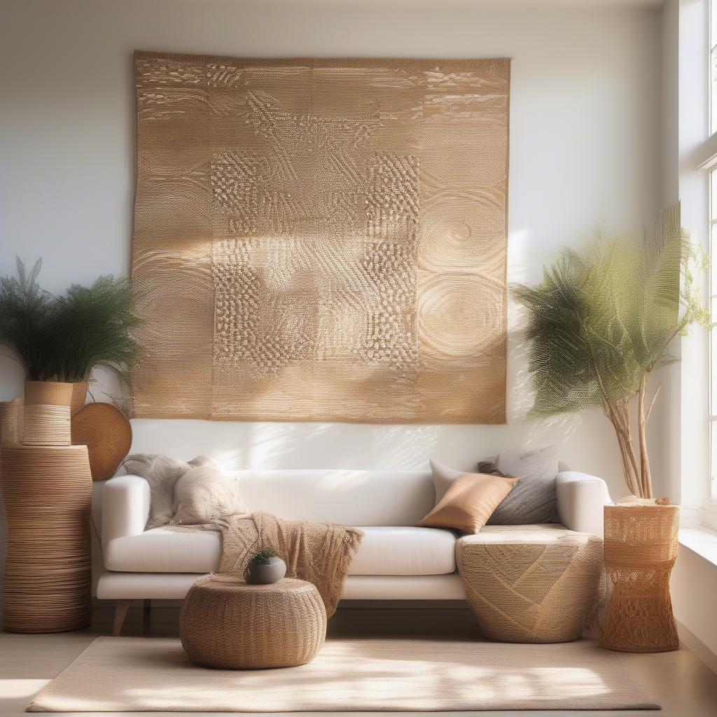 Wicker wall art in a modern living room setting