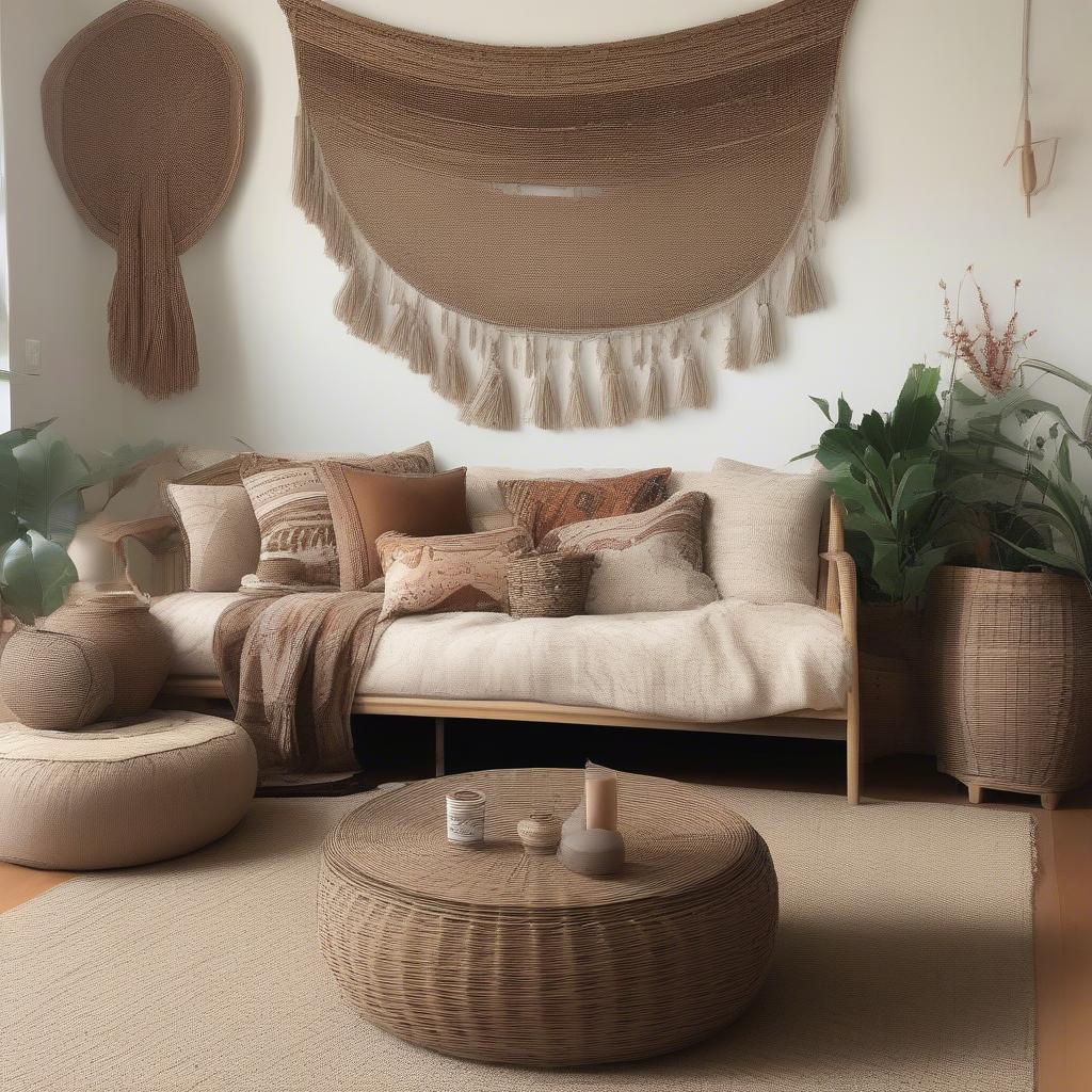 Wicker wall art in a bohemian living room setting