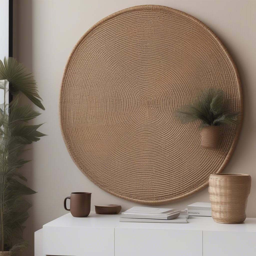 Wicker wall art adds a touch of natural elegance to a modern office space. The intricate weave and warm tones create a calming and inviting atmosphere.