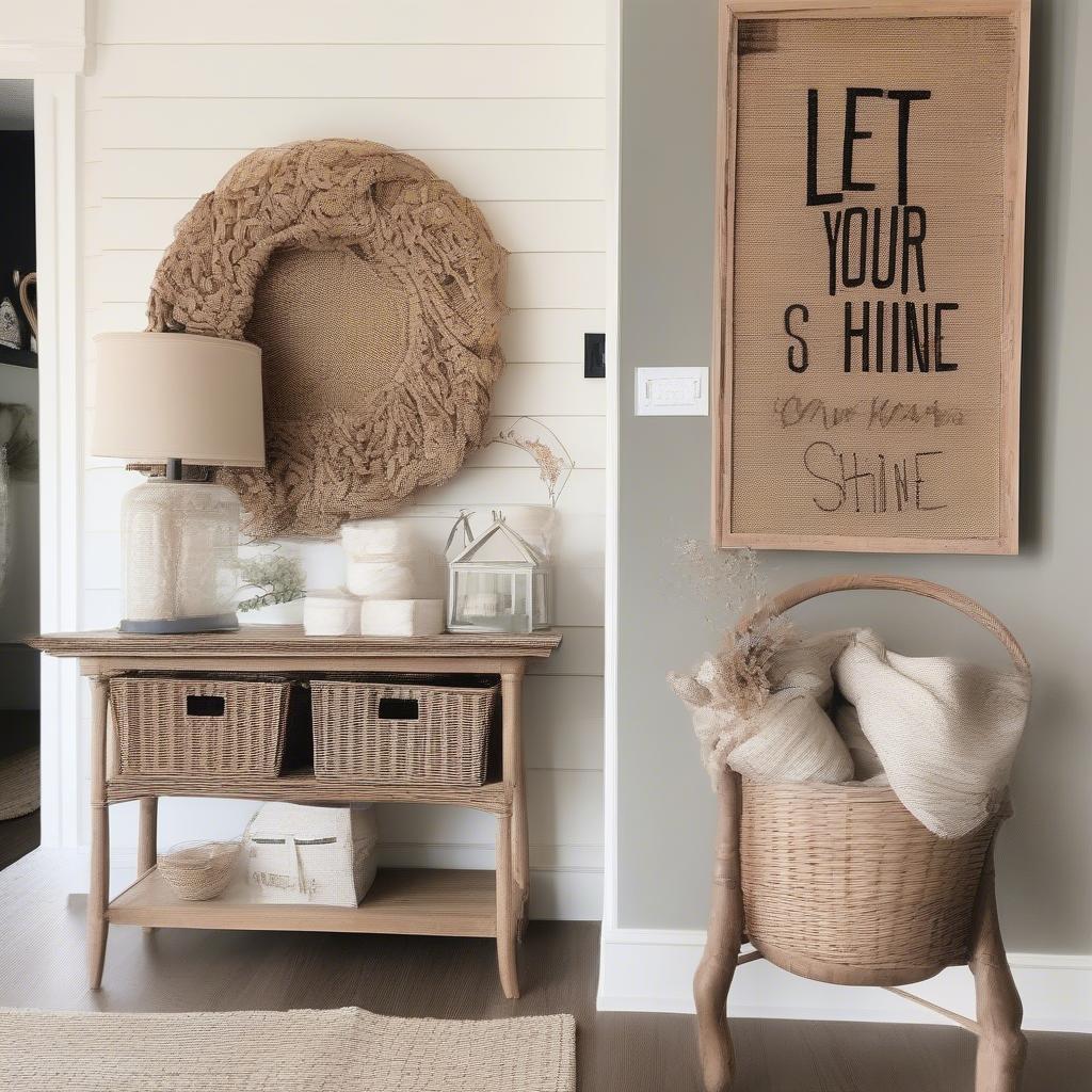 Wicker wall art with inspirational quotes greets guests in a welcoming entryway.