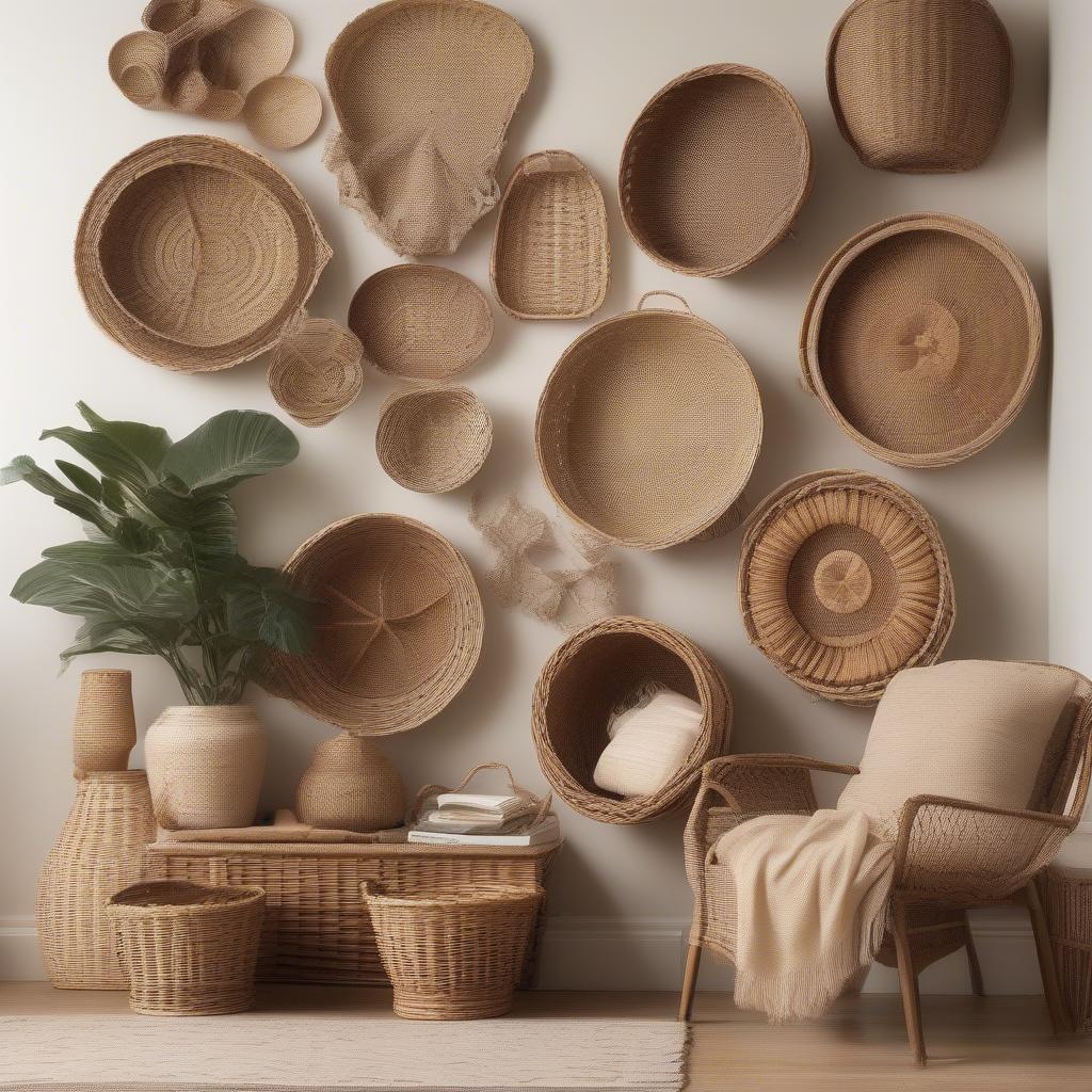 Wicker wall baskets in a living room setting