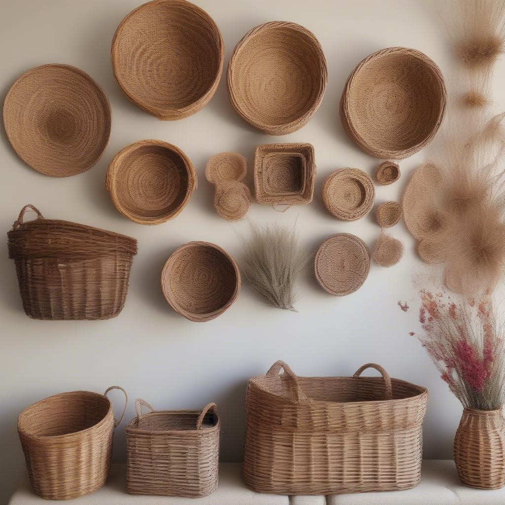 Wicker wall baskets hanging on a living room wall