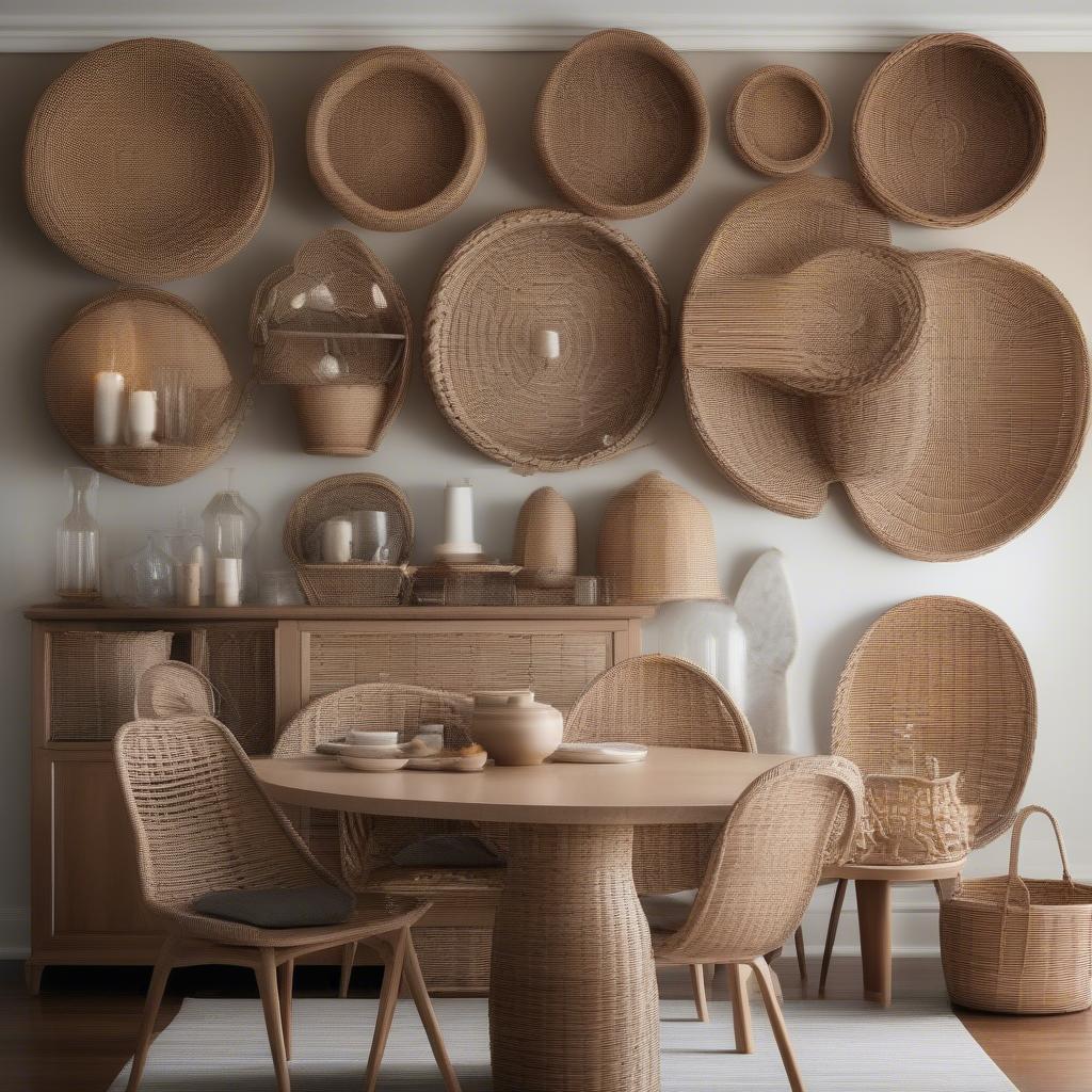 Wicker wall decor adds a touch of rustic charm to a dining area