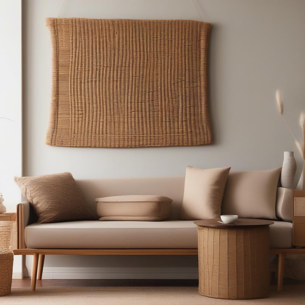 Wicker wall decor adds a touch of natural elegance to a living room setting.