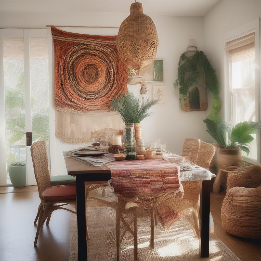 Large wicker wall hanging in a bohemian-style dining room