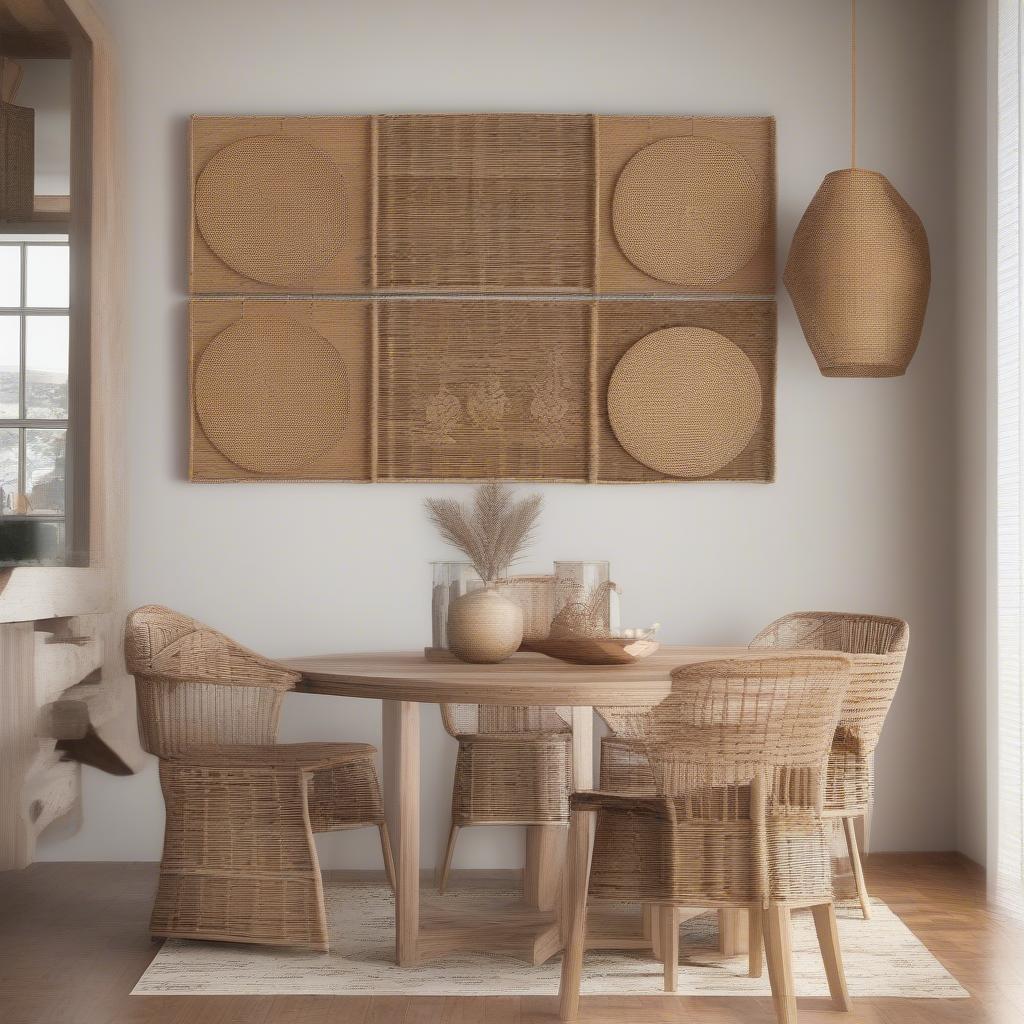 Wicker wall hanging in a dining room setting