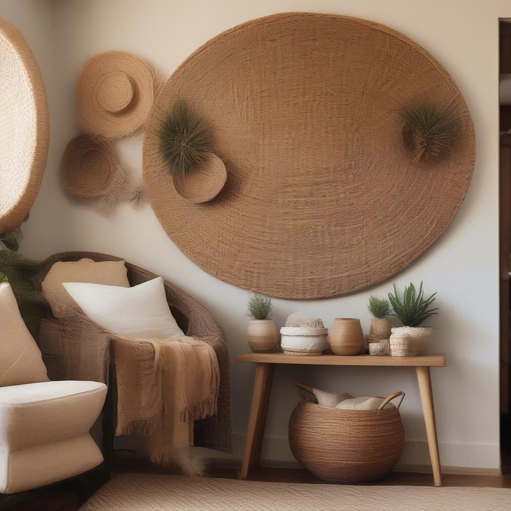 Wicker wall hanging adding texture and warmth to a living room