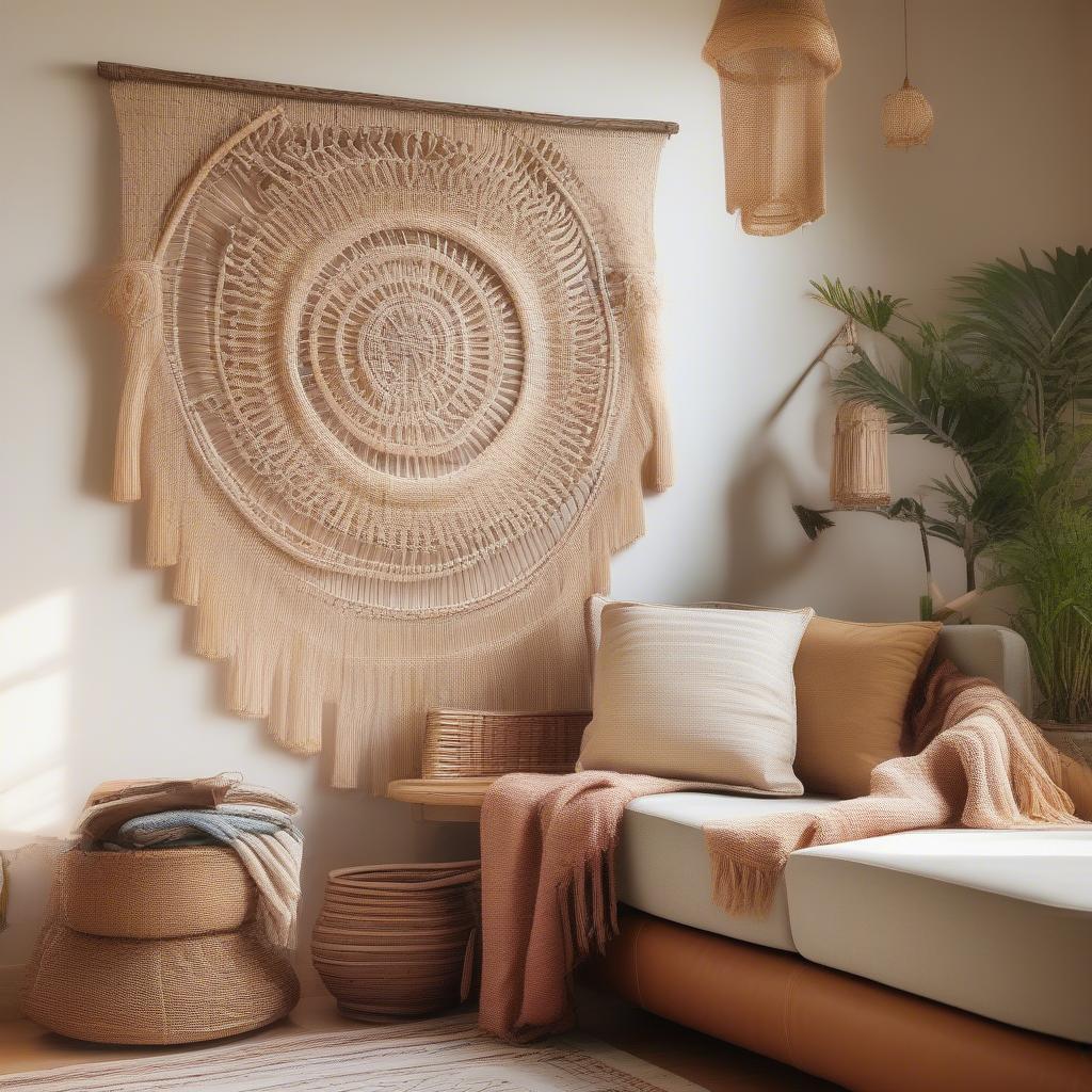 Wicker wall hanging in a bohemian living room