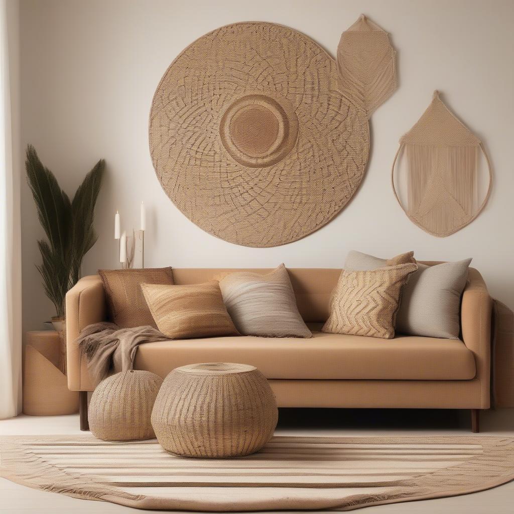 Wicker wall hanging adds a touch of bohemian charm to a modern lounge room.