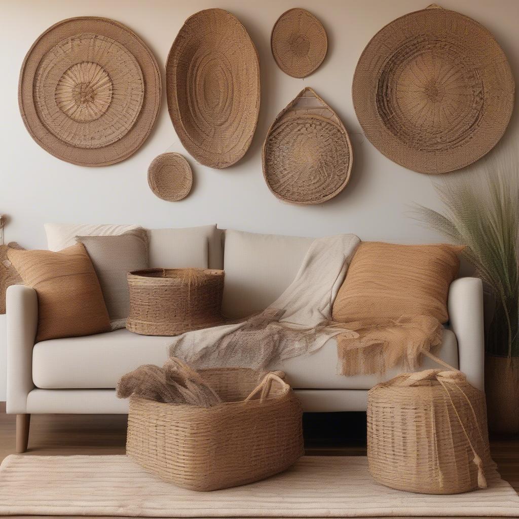 Wicker wall hangings add texture and warmth to a living room.