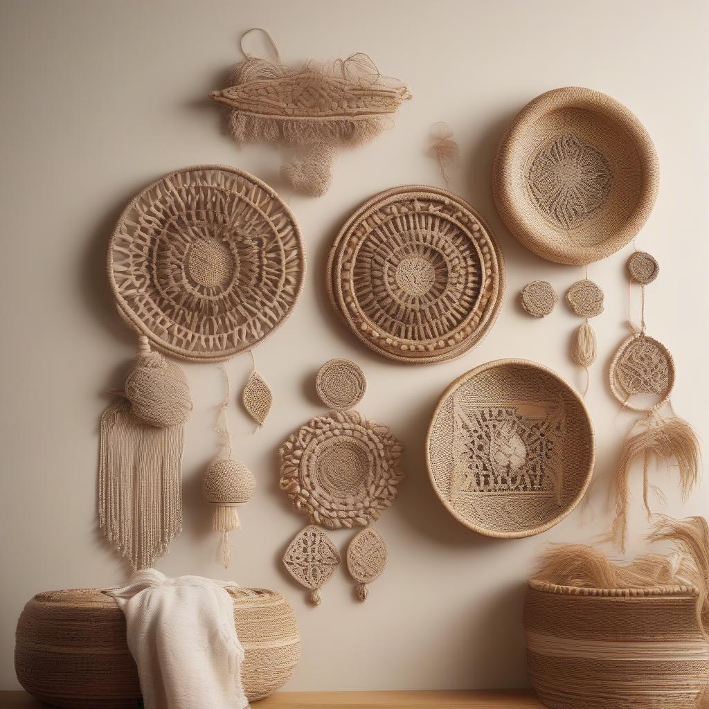 Wicker wall ornaments add a touch of natural elegance to a living room setting.