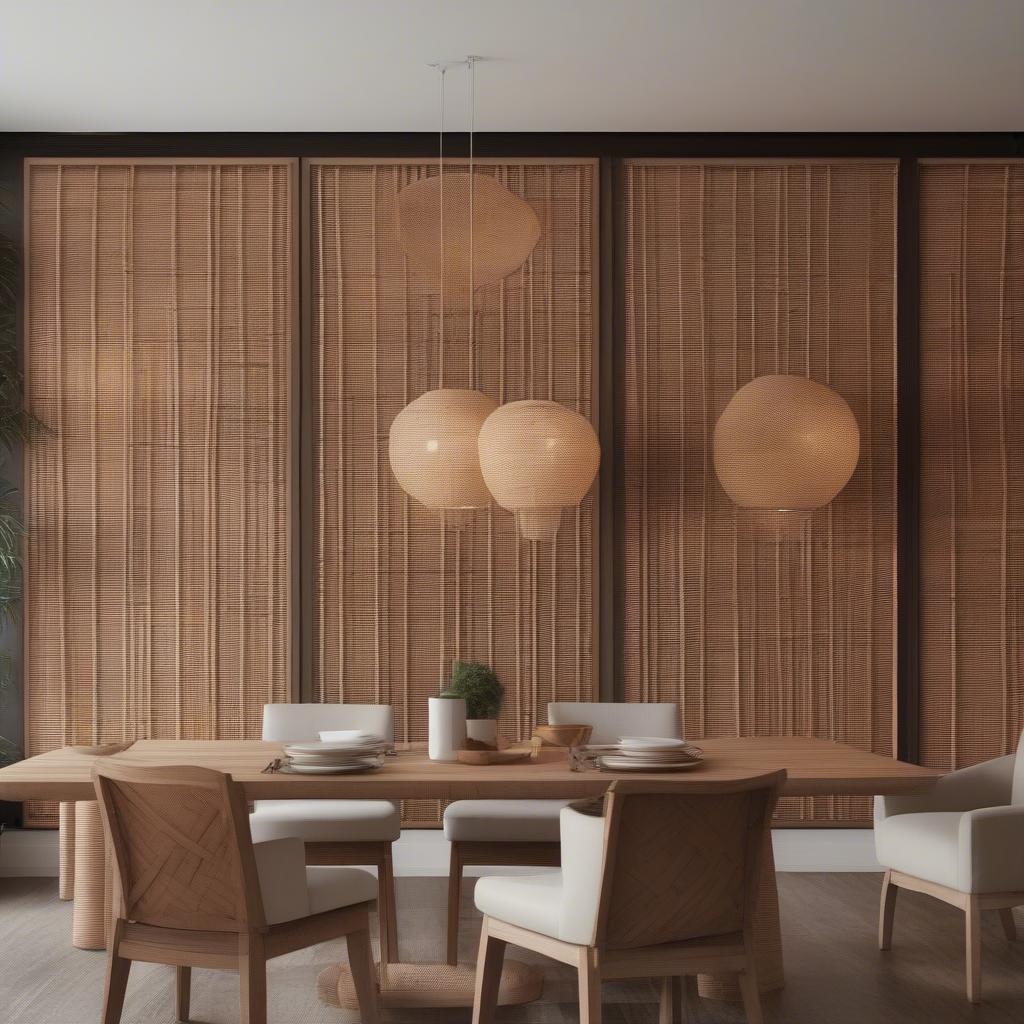 Wicker wall panels add texture and warmth to a dining room setting