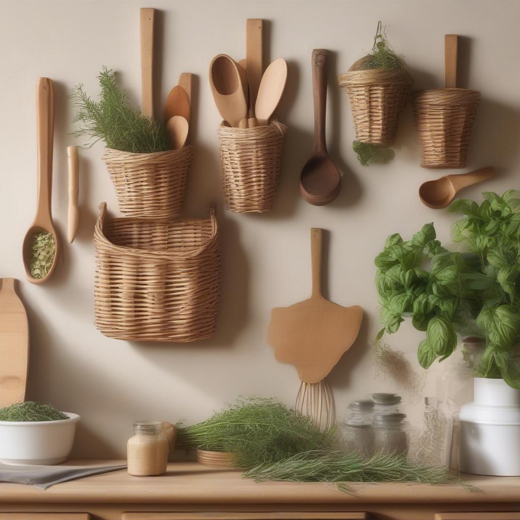 Wicker wall pocket hanging in a kitchen, holding utensils and herbs.