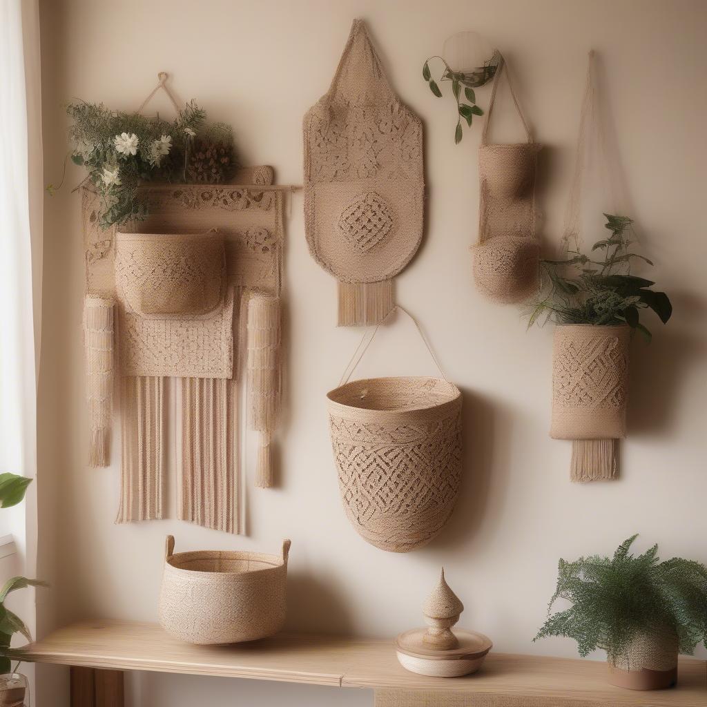 Wicker wall pockets hanging in a rustic bohemian style room.