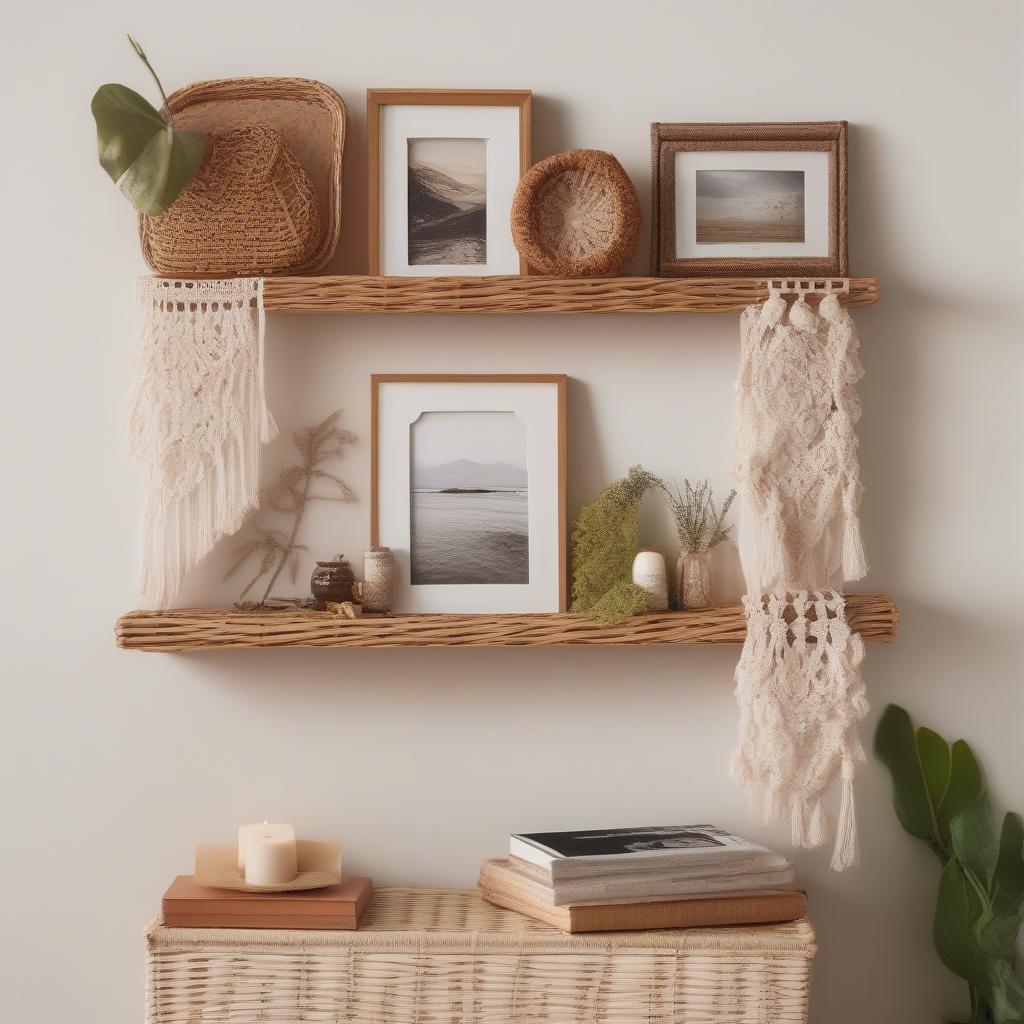 Wicker wall shelf with photo frames in a boho style room