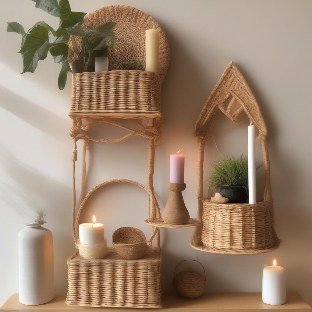 Wicker Wall Stands for Decorations: A stylish wicker wall stand adorned with plants and decorative items, showcasing its versatility in home decor.