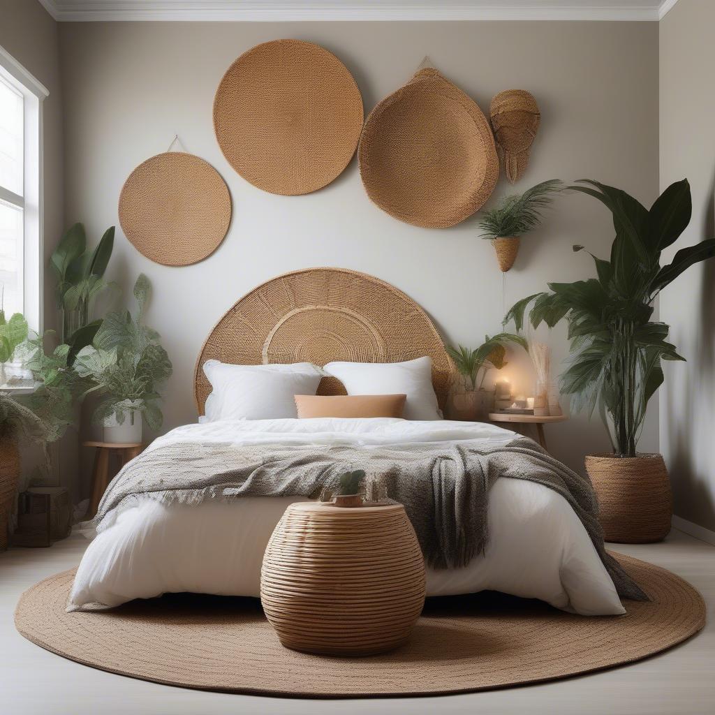 Wicker wall warmer hanging above a bed in a bohemian-style bedroom.