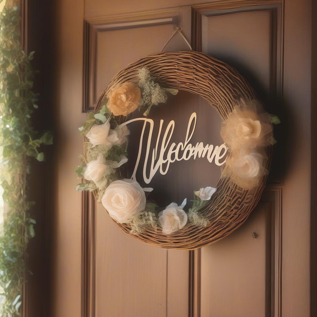 Wicker welcome sign hanging on a front door.