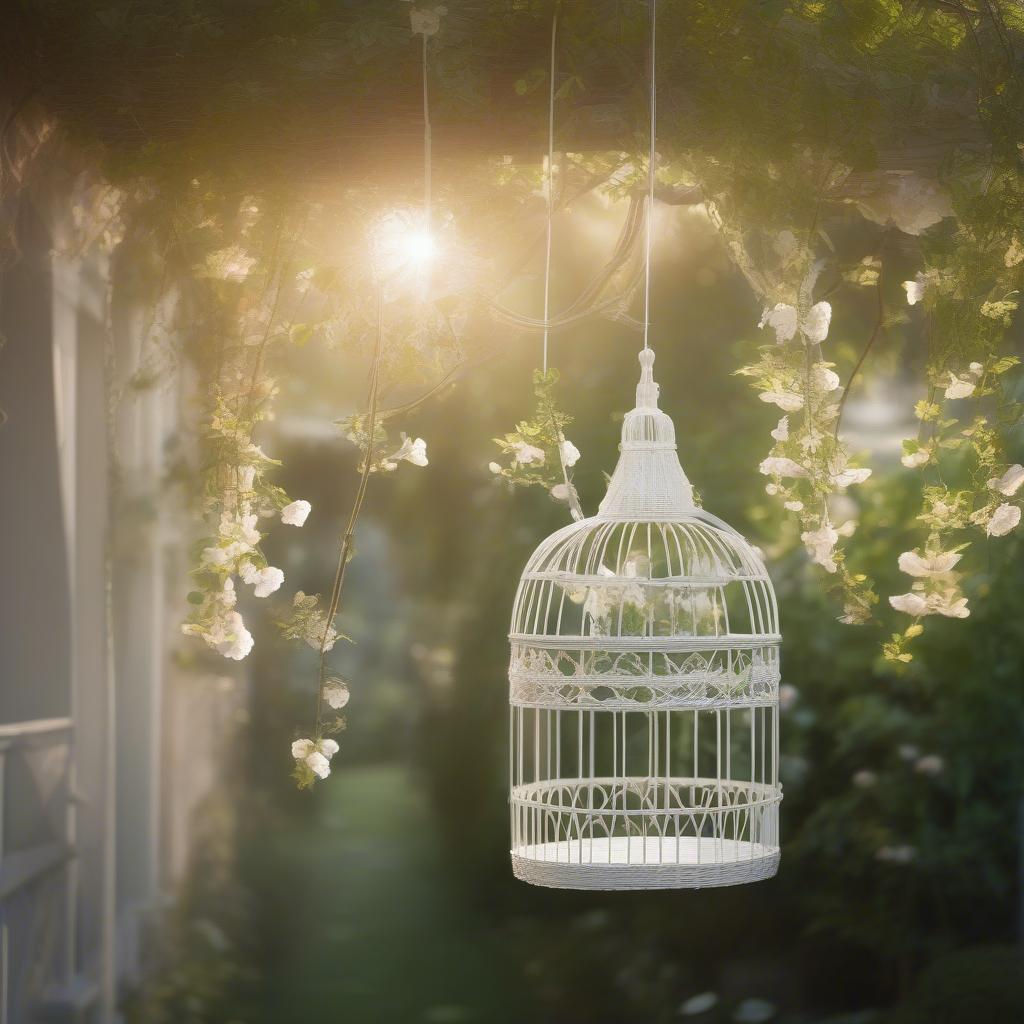 Wicker White Birdcage in a Garden Setting