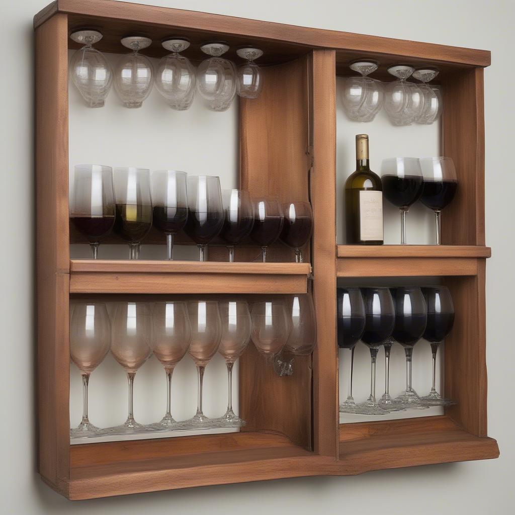 Wine glasses hanging neatly on a wooden rack