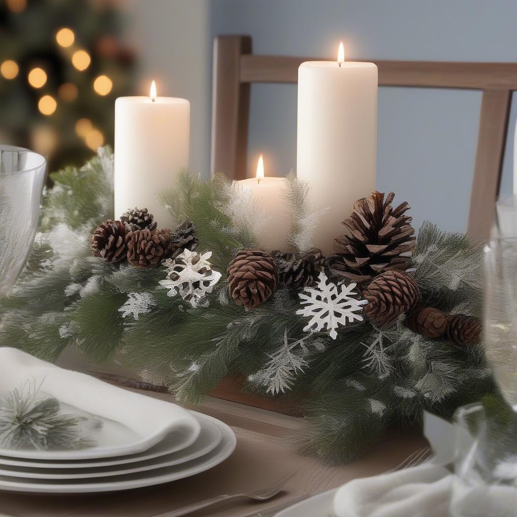 Winter Table Centerpiece with White Snowflake Ornaments