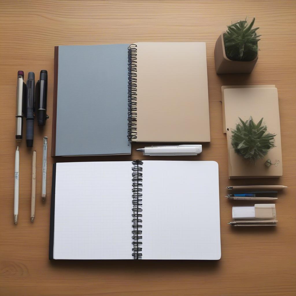 Various Wire-Bound Notebooks on a Desk