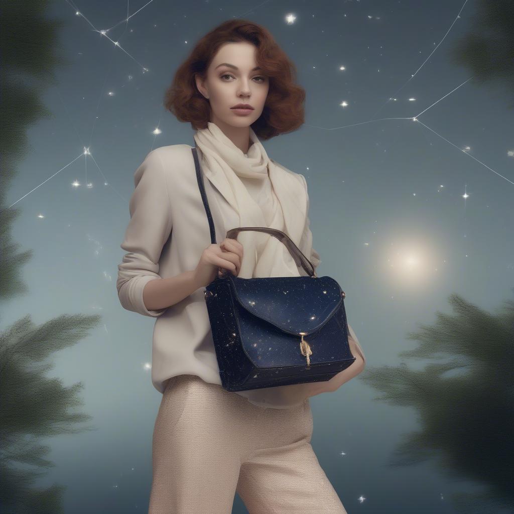 A woman stylishly carrying a constellation bag