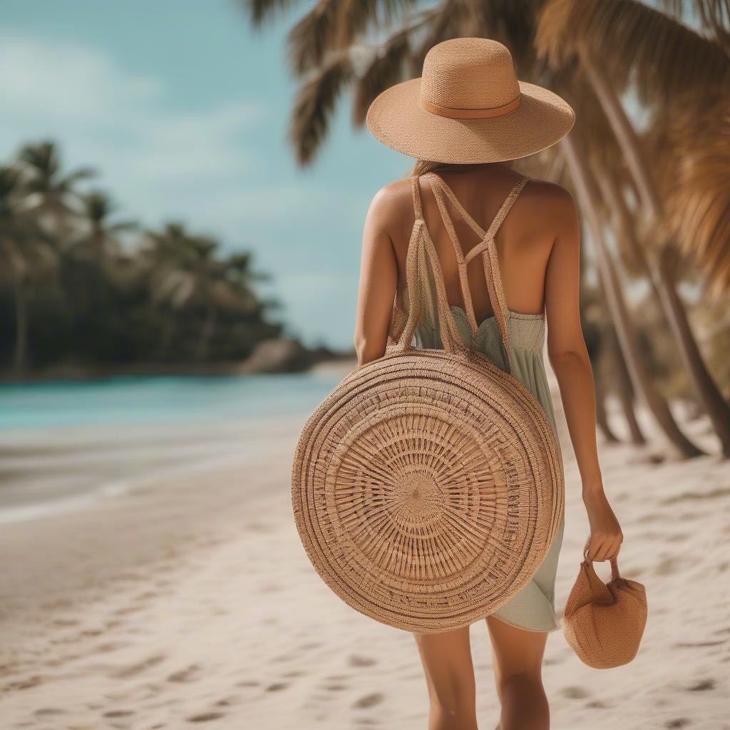 Woman Carrying a Haus Bag on a Tropical Beach