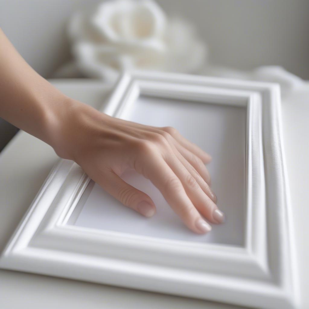 A woman carefully cleaning a white picture frame with a soft cloth