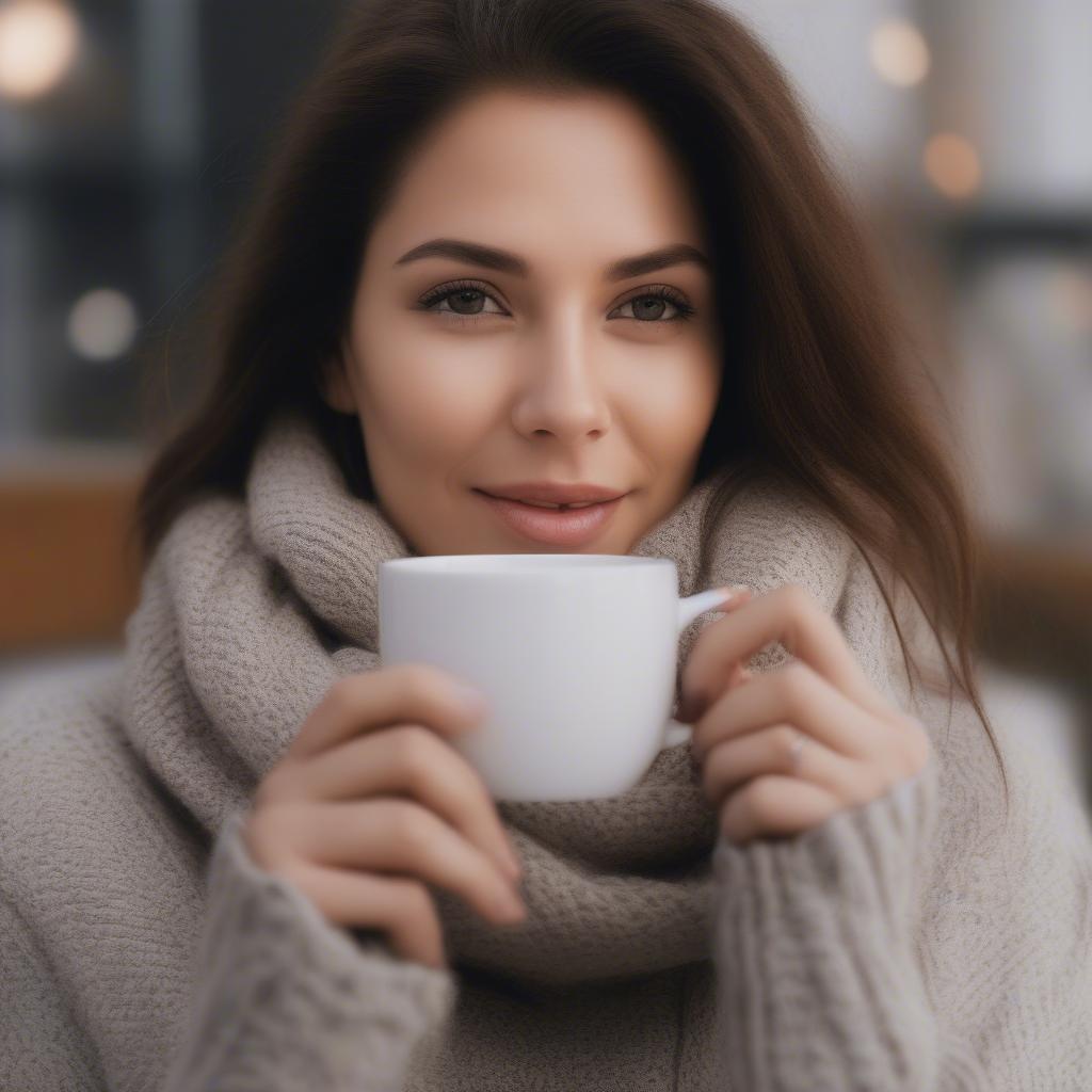 Woman Enjoying a Warm Drink in a Cozy Sweater on a Cool Day