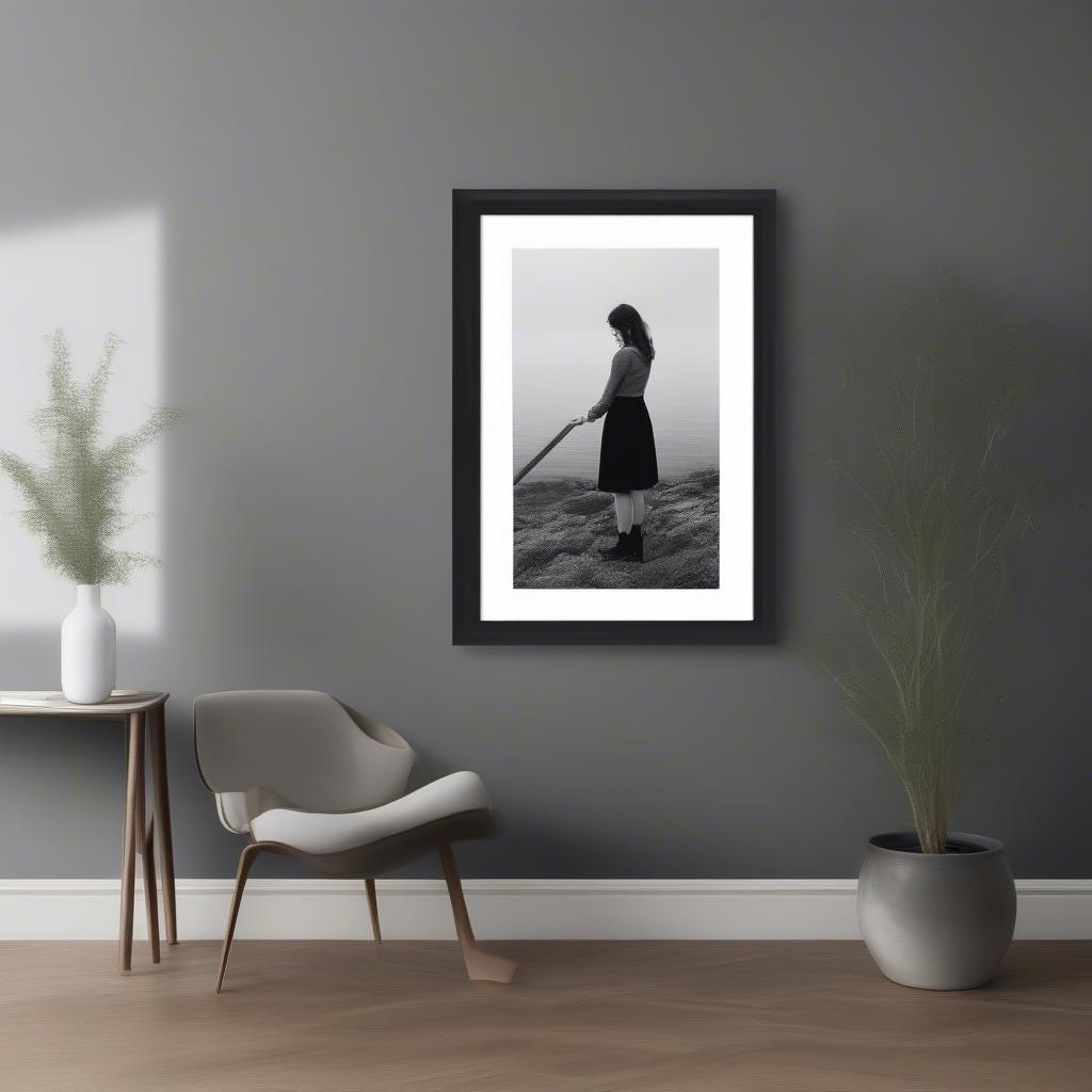 A woman carefully hanging a 30x40 photo frame on a living room wall.