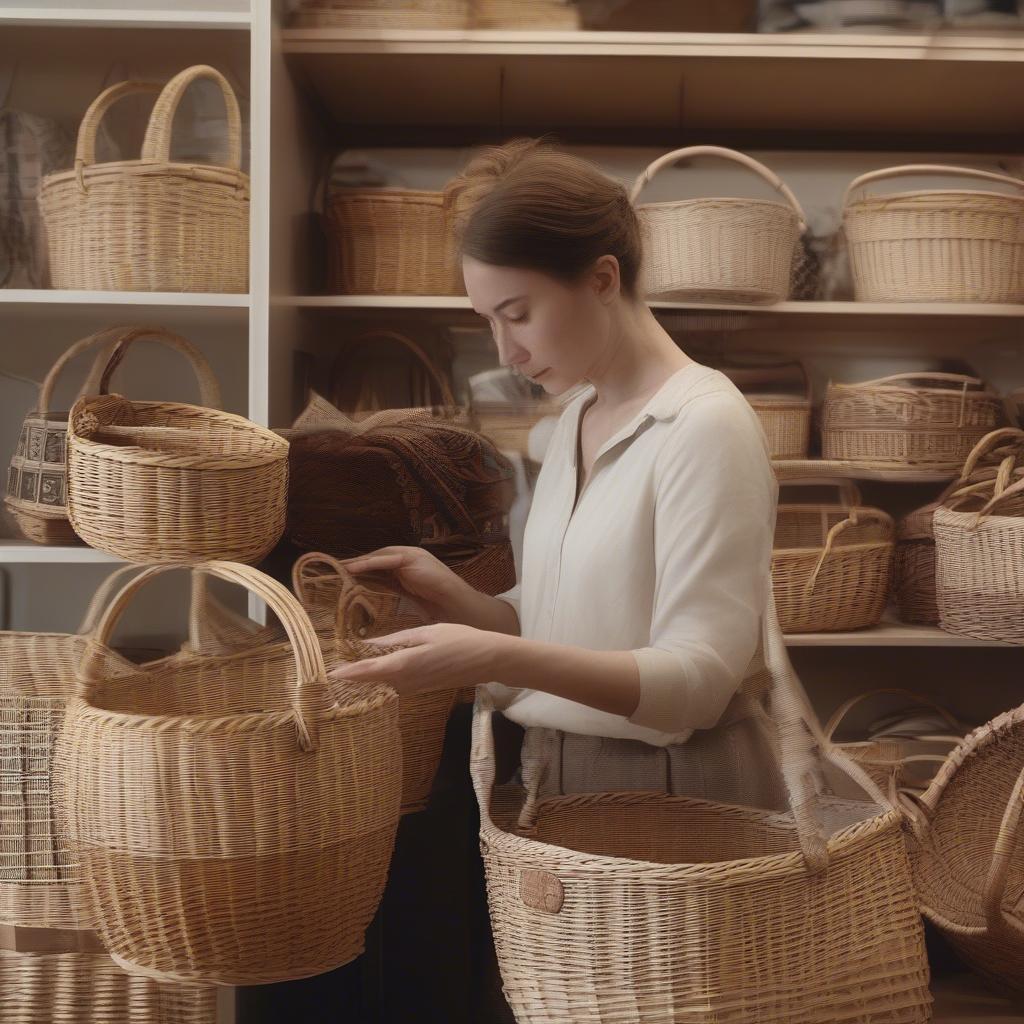 A woman carefully selecting a wicker basket in a store, emphasizing the importance of choosing a quality piece.