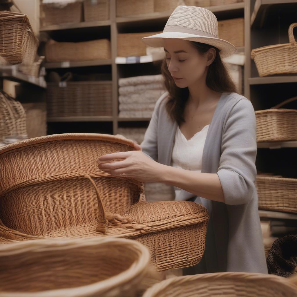 Woman choosing a wicker basket during a sale