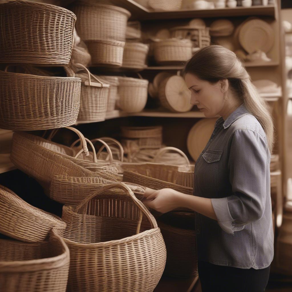 Woman Shopping for Wicker Baskets at Acorn General Store