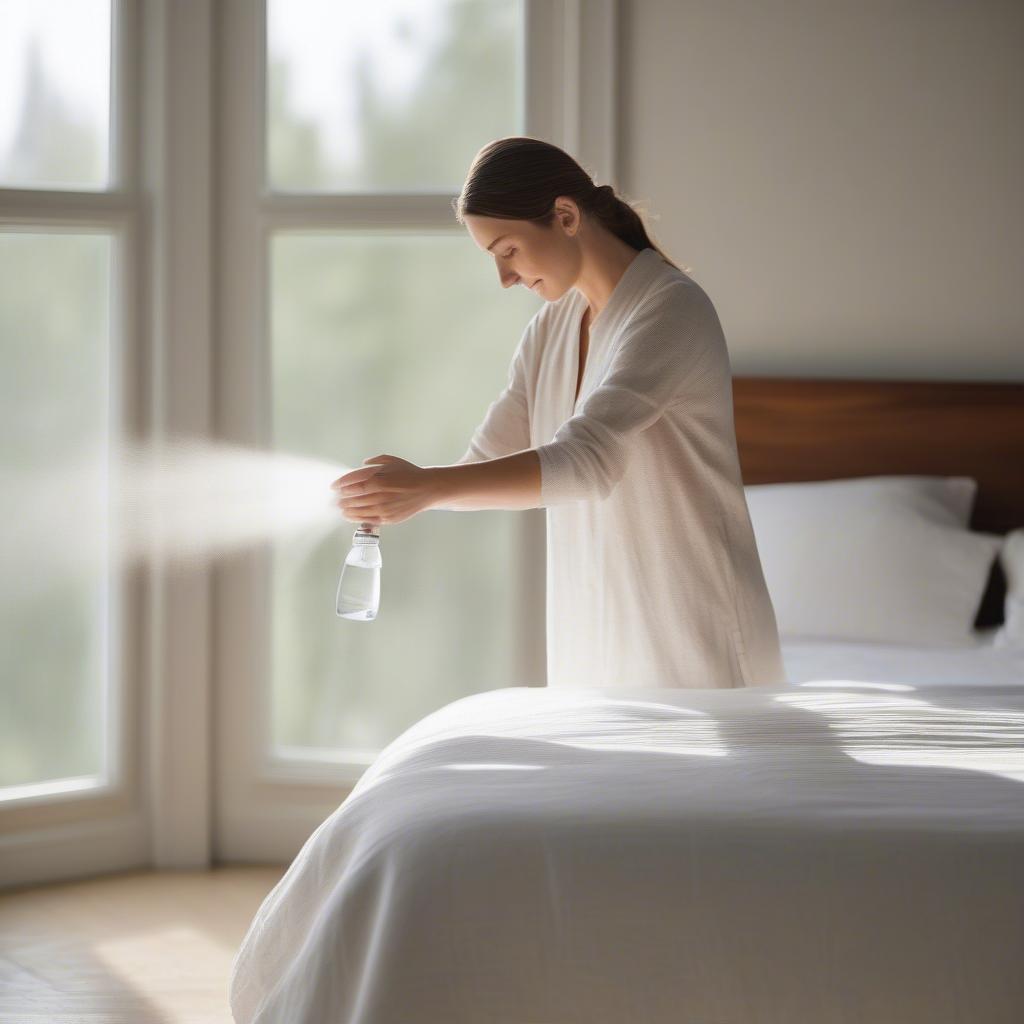 Woman Spraying Linen Mist on Bed