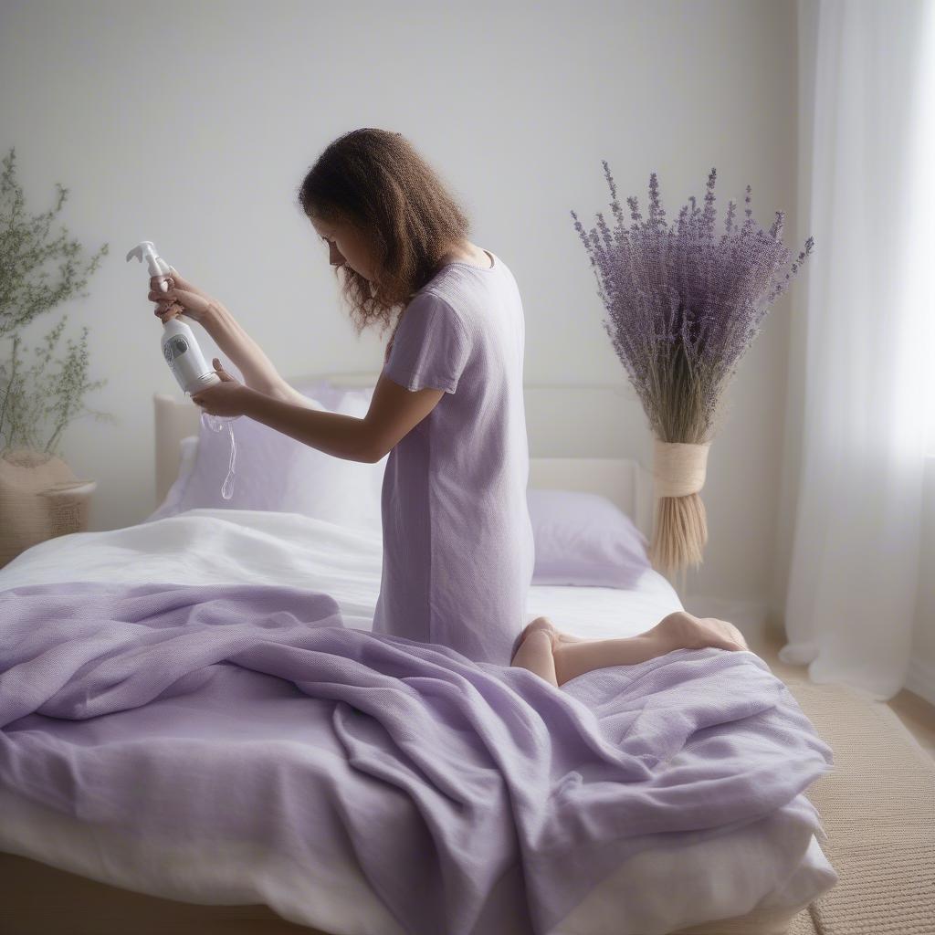 Woman Spraying Linen with Lavender Spray