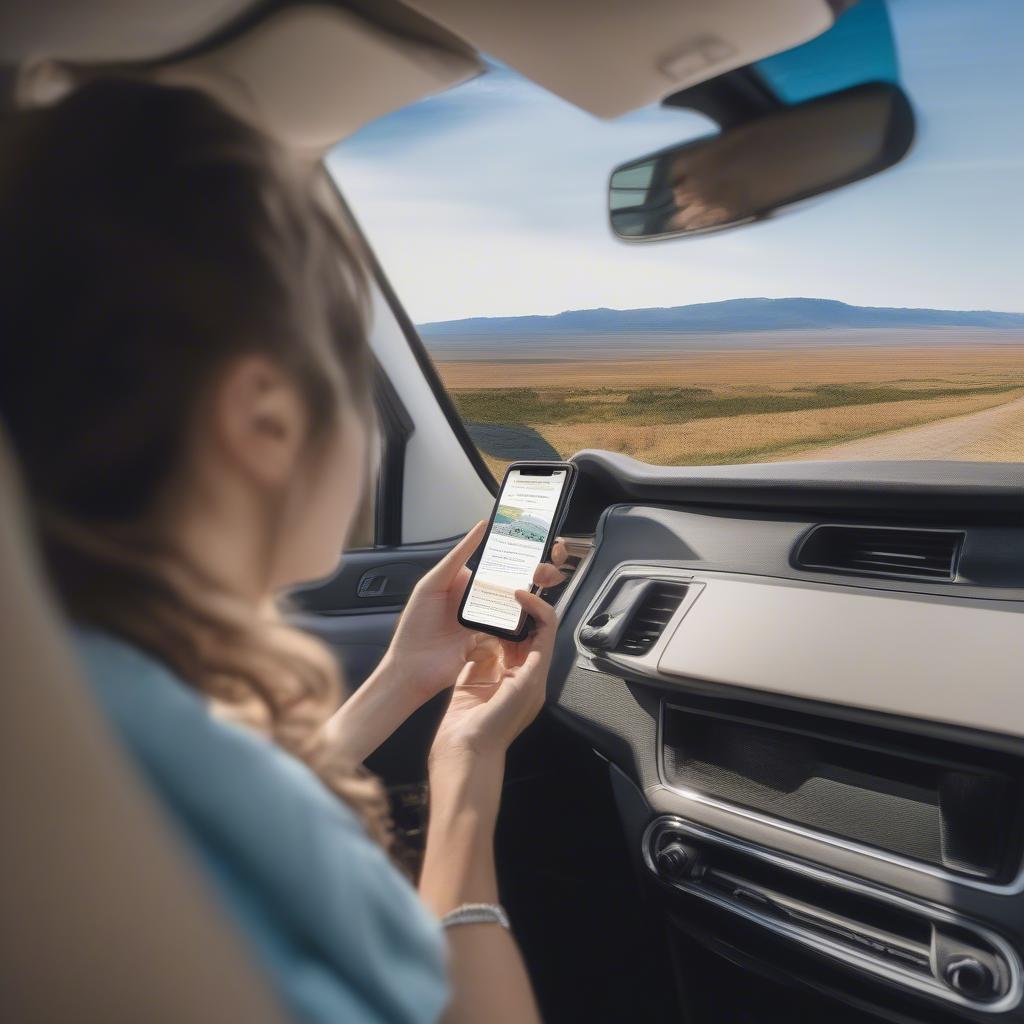 Woman Using Phone for Road Trip Trivia