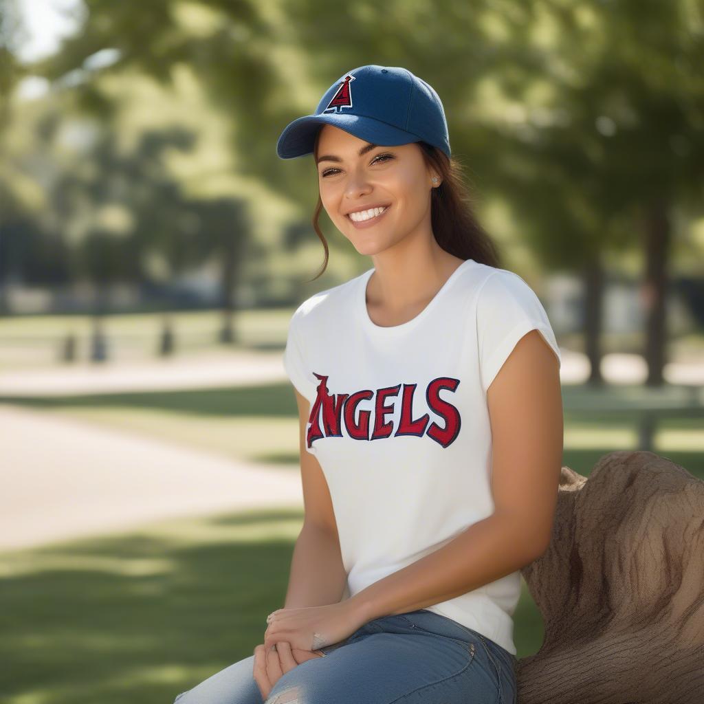 Woman Wearing a Blue LA Angels Hat