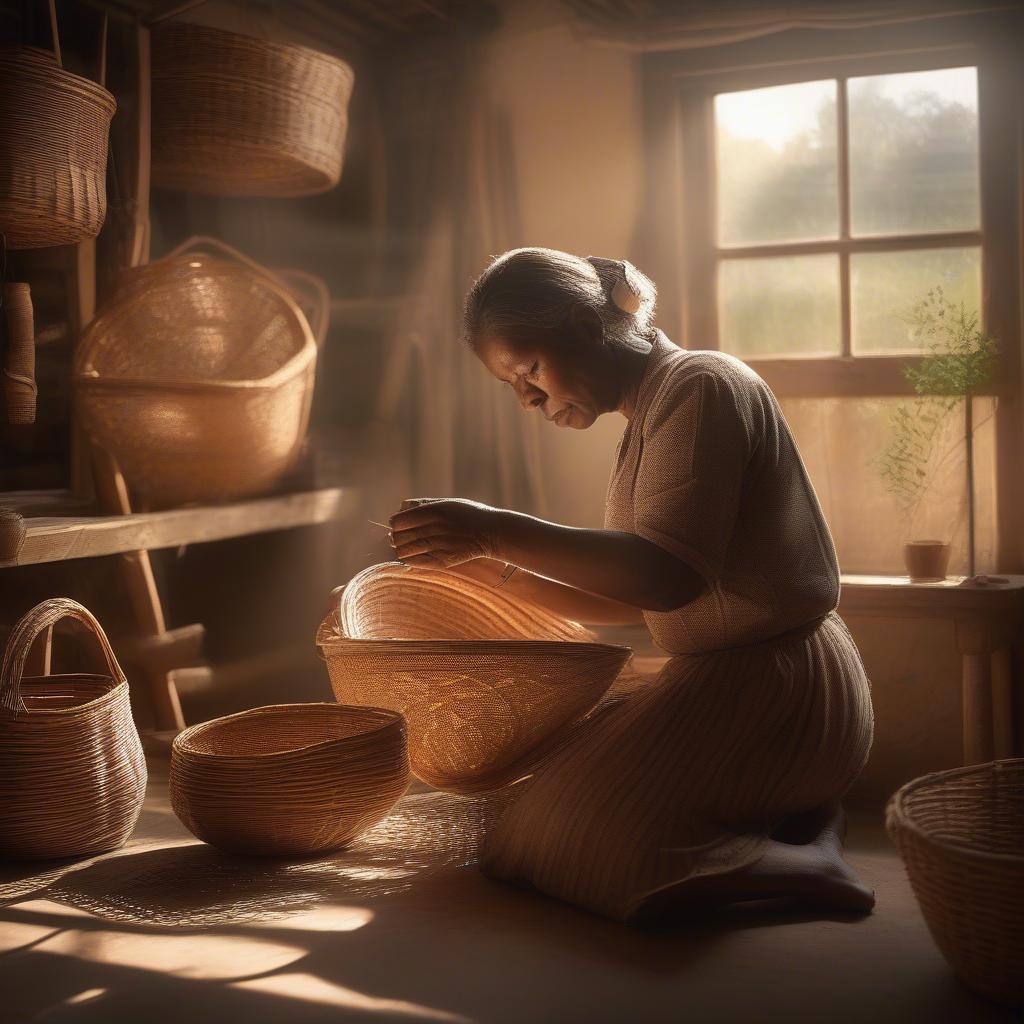 A woman skillfully weaves a rattan basket, her face illuminated by the soft morning light.  A "new day" quote is displayed on her workshop wall.